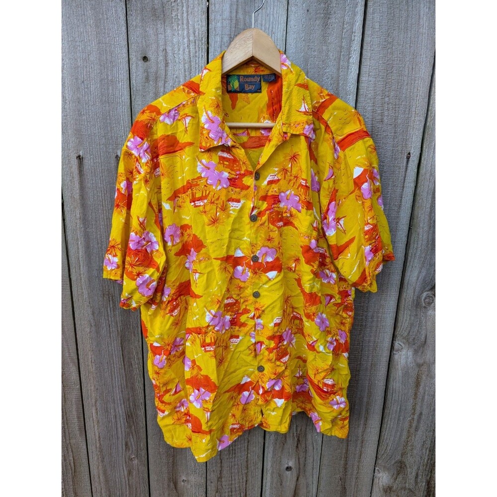 Vintage Roundy Bay Aloha Shirt Large Orange Hawaiian Loop Collar Floral